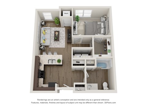 Floor plan for 1 bed, 1 bath, 696 sqft